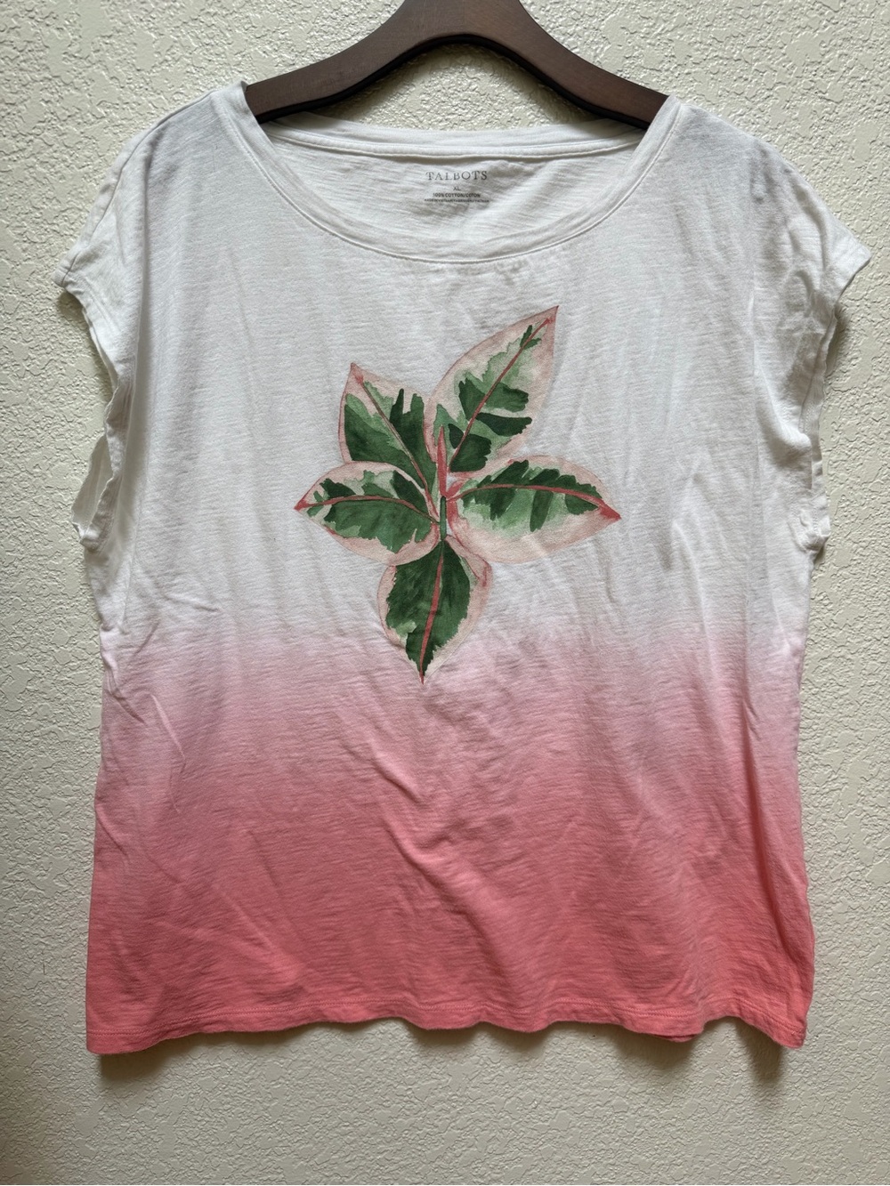 Talbots Pink Ombré Variegated Philodendron Leaf Tee XL 100% Cotton